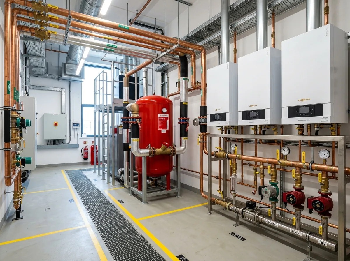 Plant room boiler installation and heating pipework